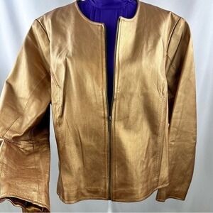 Gold Metallic 100% Leather Moto Cropped Jacket Plus Size 24W NYE‎ Party Glam